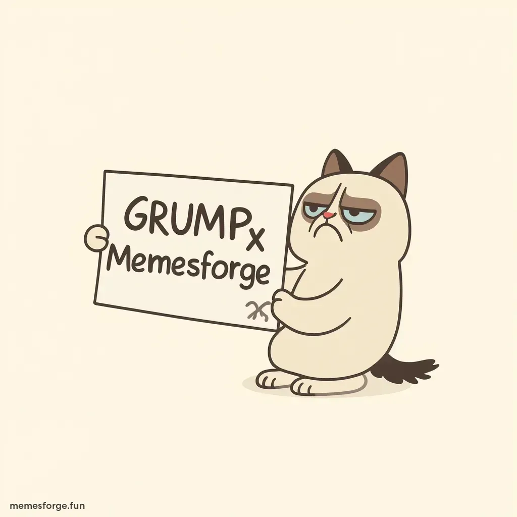 Grumpy Cat holding a sign with 'Grumpy x Memesforge' text