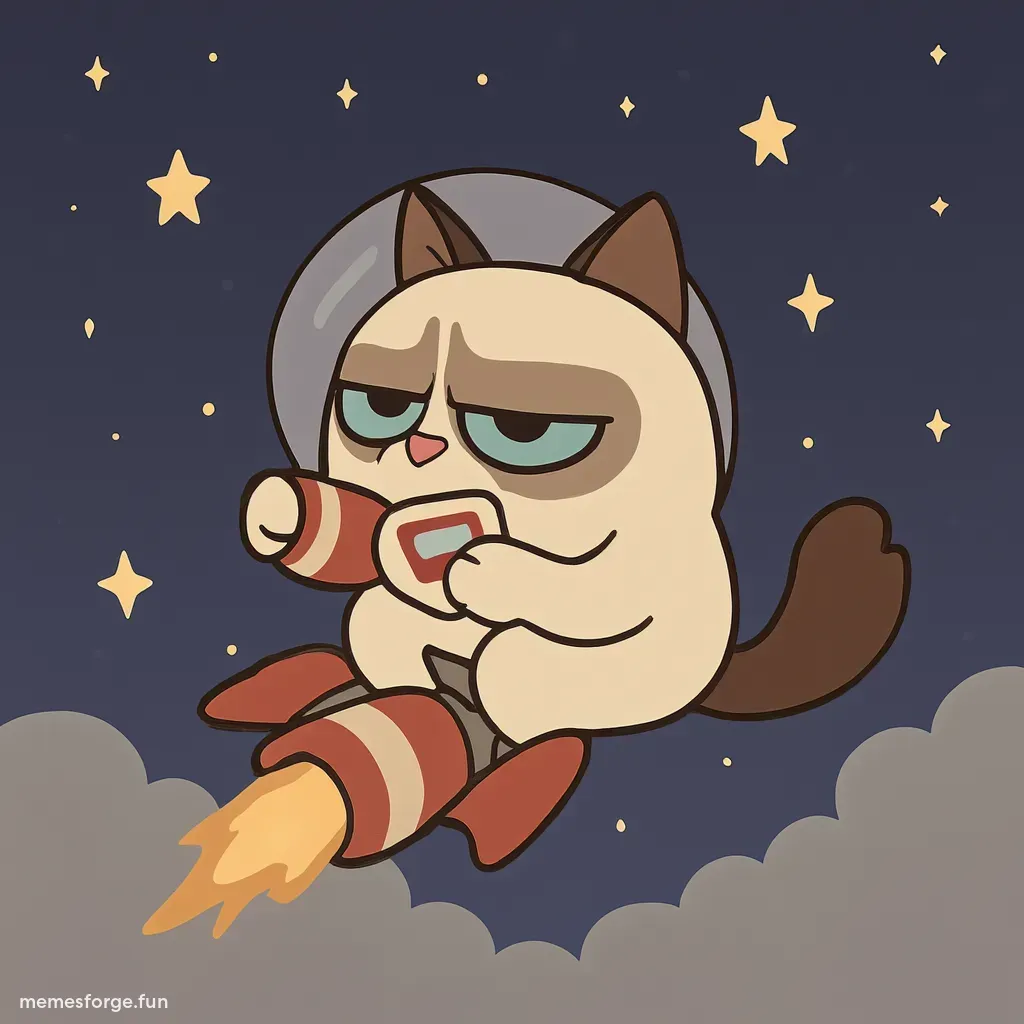 Grumpy cat blasting off on rockets