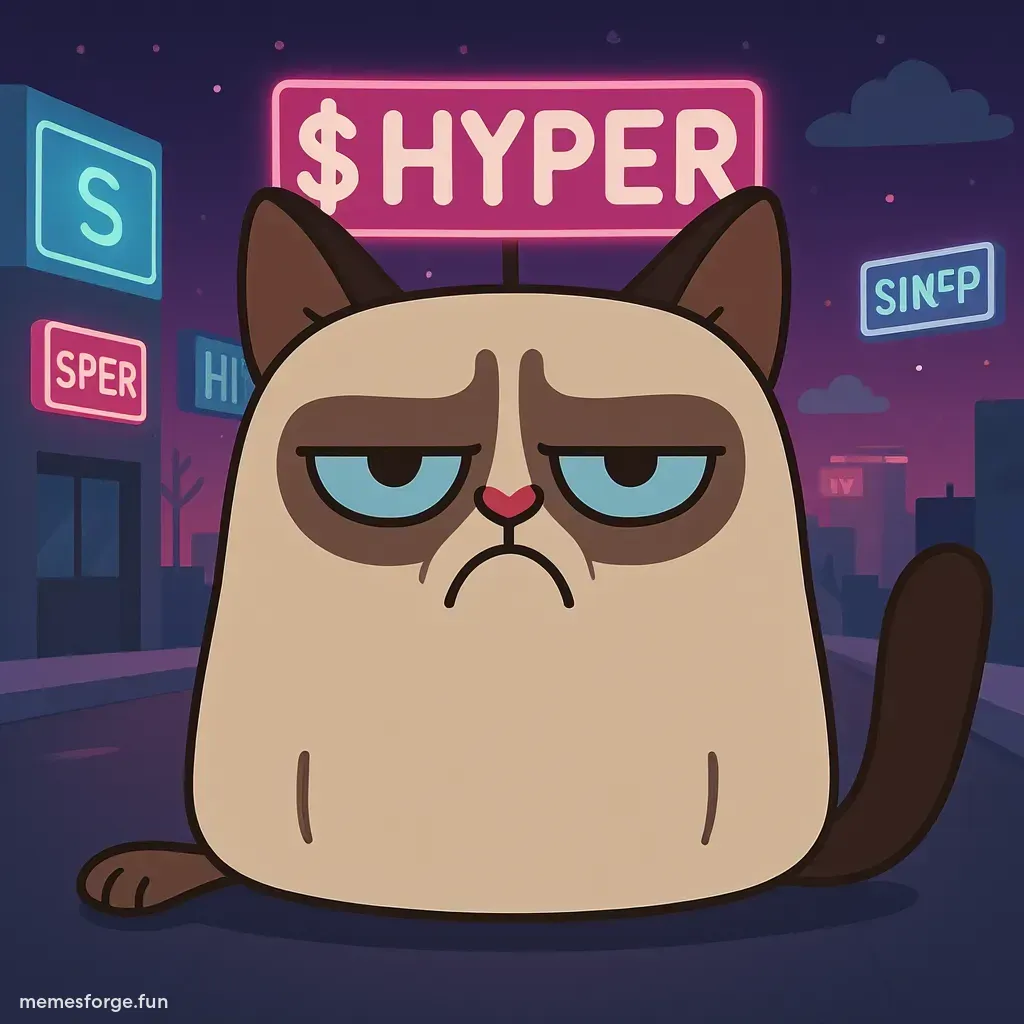 Grumpy Cat in a neon futuristic city with $HYPER signs