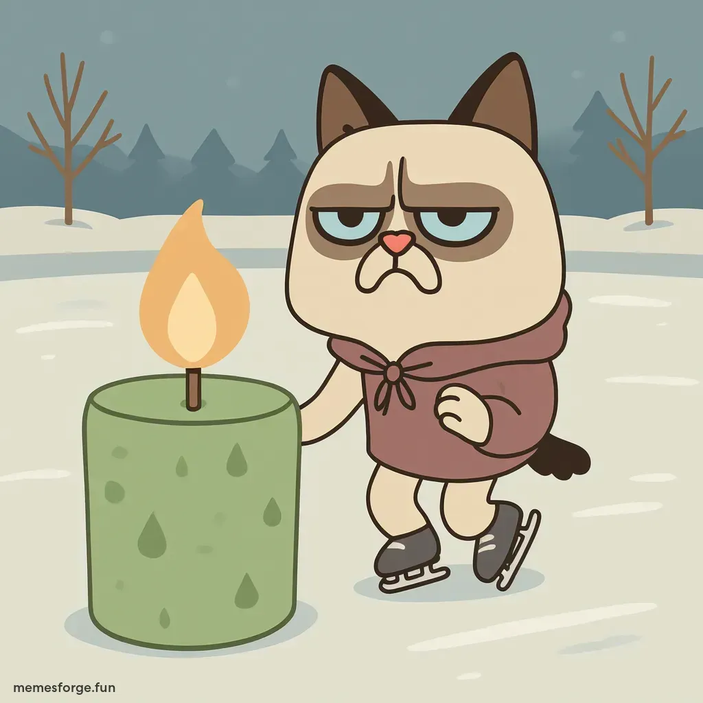Grumpy Cat skating with a big green candle next to it