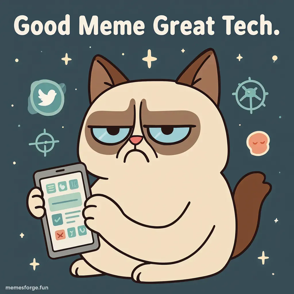 Grumpy cat with tech gadgets and text "Good Meme Great Tech"