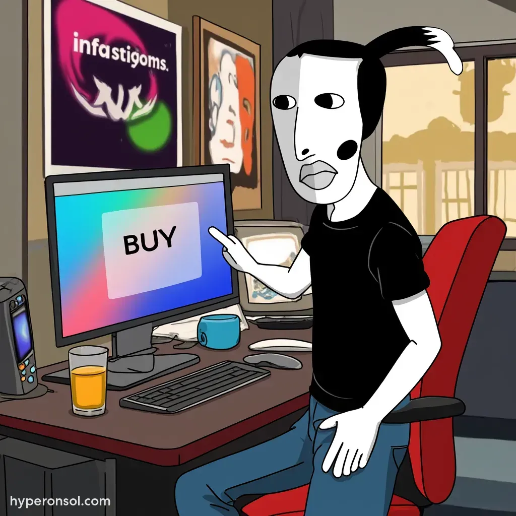 a man drinking whisky while clicking on the "BUY" button like hell