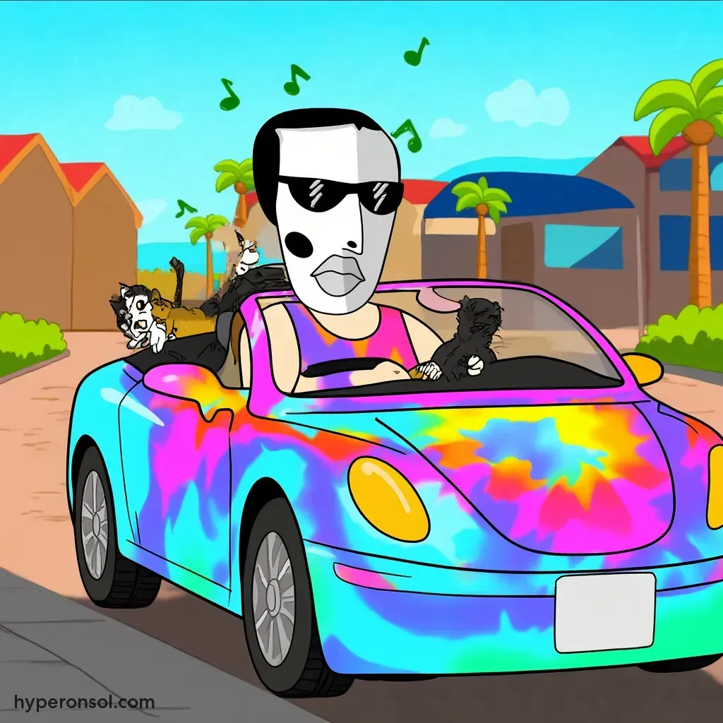 Hyper character driving a colorful purrari convertible down a sunny street, with playful cats in the backseat and music notes floating around.