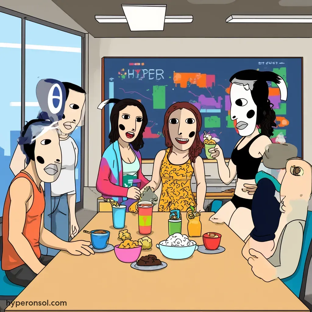 Image prompt: Hyper characters gathered around a large table, enthusiastically sharing food and drinks, with charts and graphs of token movements displayed in the background.