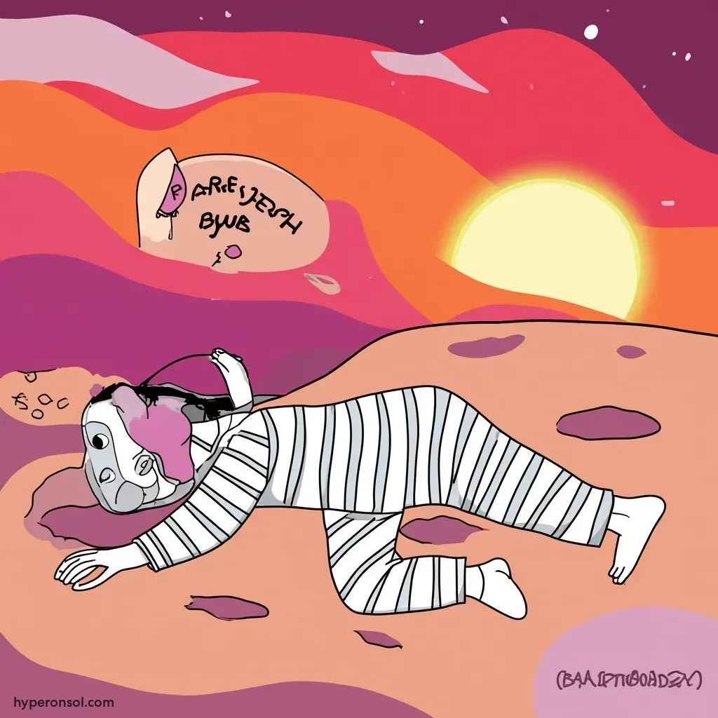 A hyper man sleeping on the moon with a sunset background