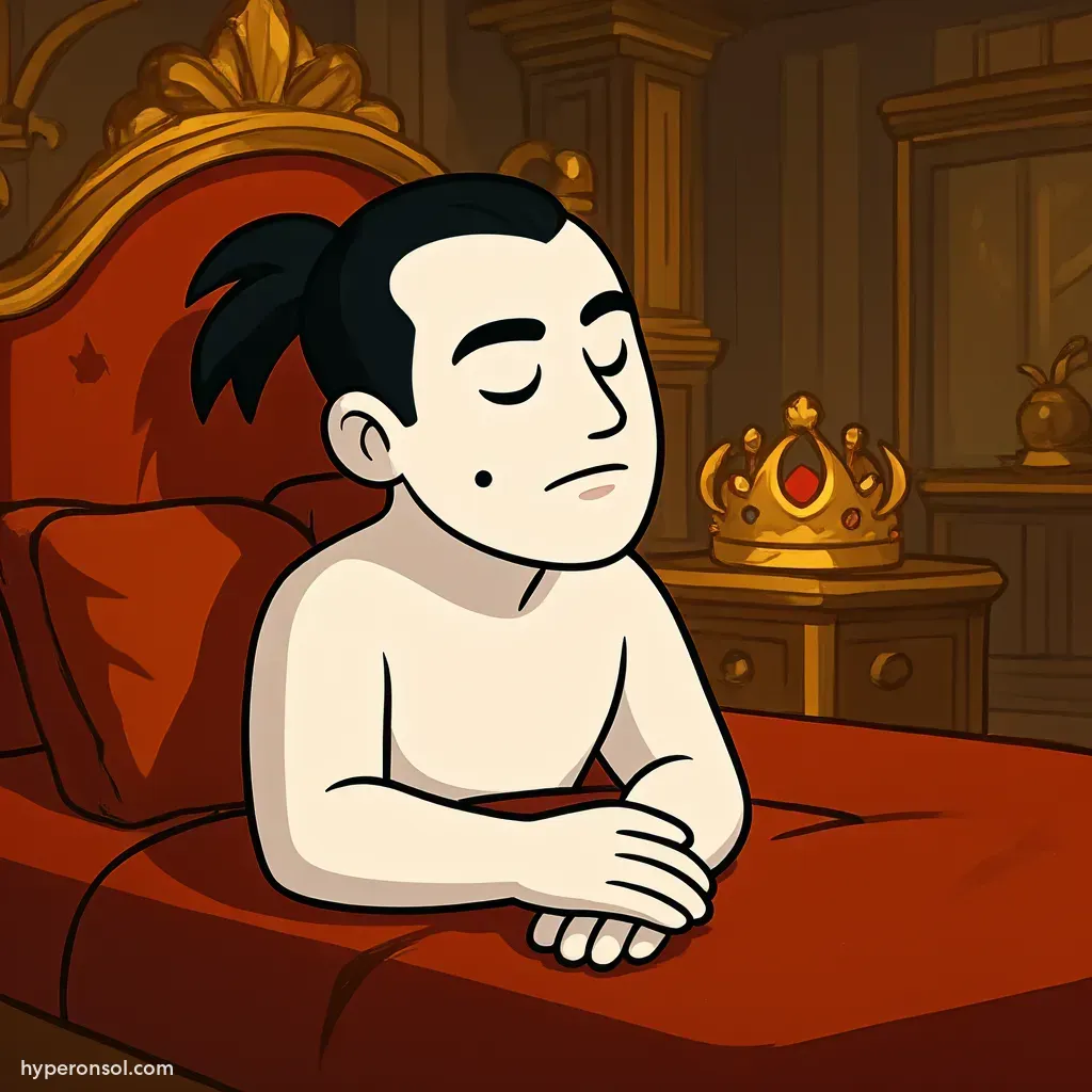 Hyper sleeping on royal bed with crown on nightstand