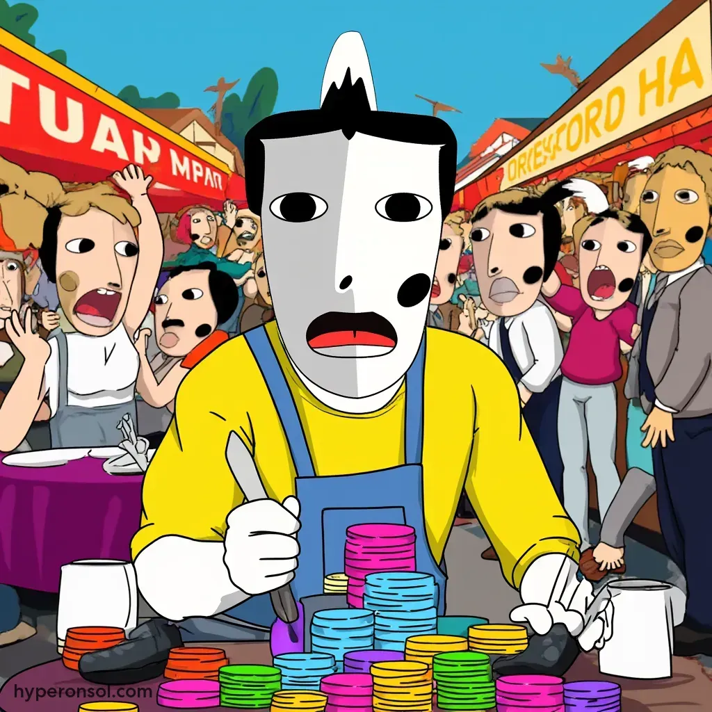 Image prompt: A Hyper character sitting at a table piled high with colorful tokens, looking excited while holding a fork and knife, in a vibrant market setting filled with cheering community members.