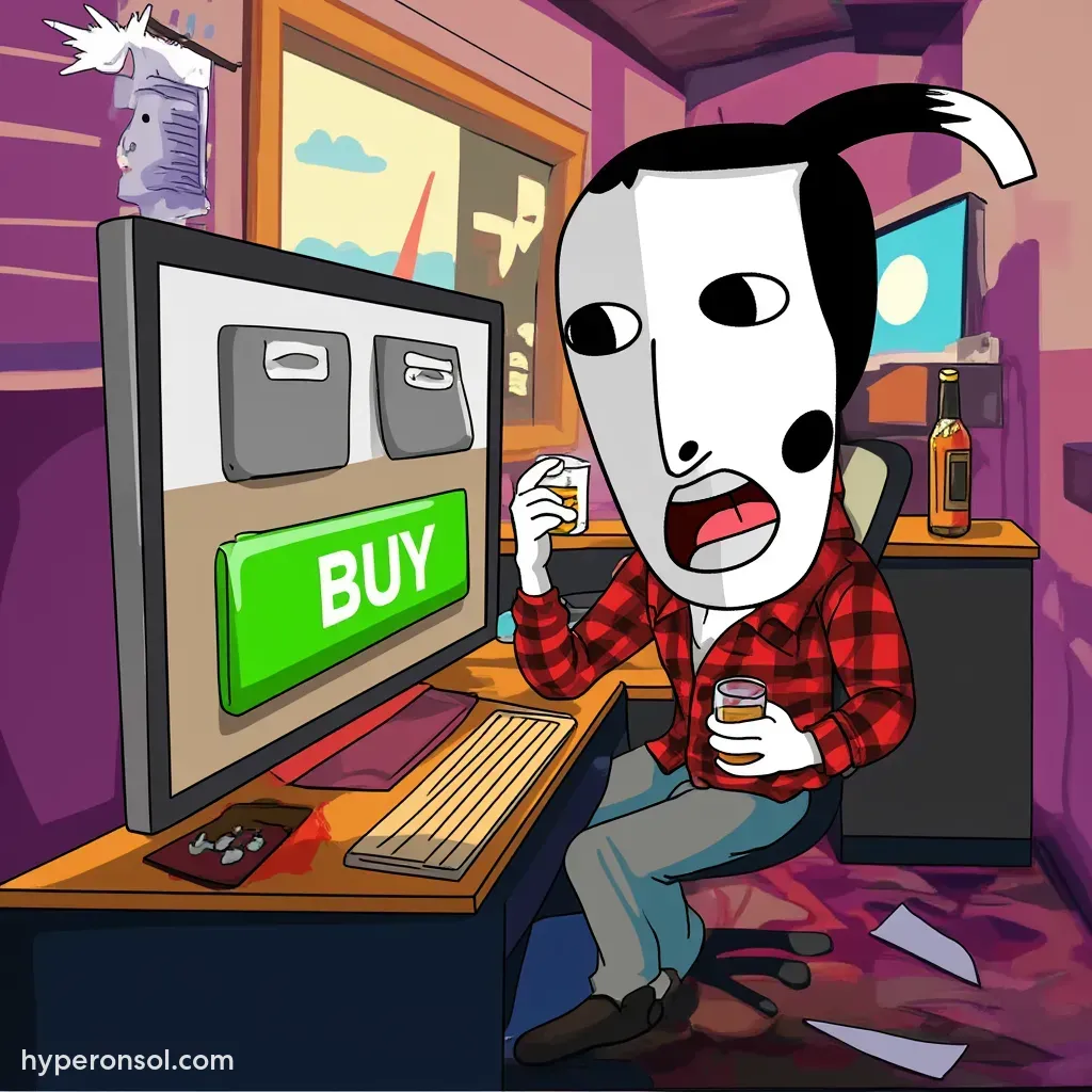 a crazy drunk man whisky while clicking on the "BUY" button like hell