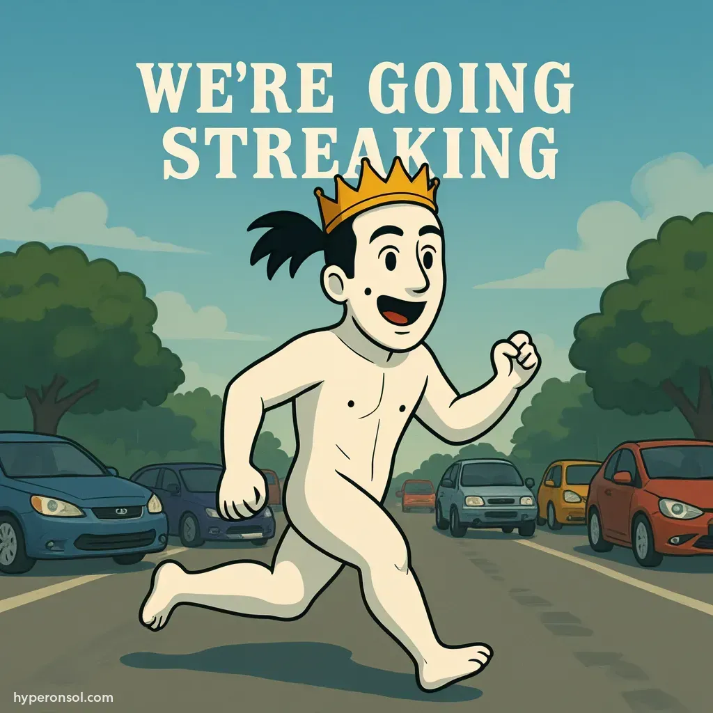 Running naked with a crown on a street with cars passing by. Saying "we're going STREAKING"