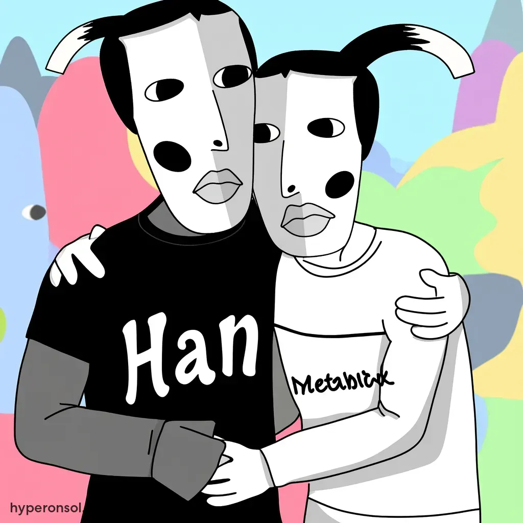 A man with a "HaN" T-shirt hugs a man with a "Metablck" T-shirt