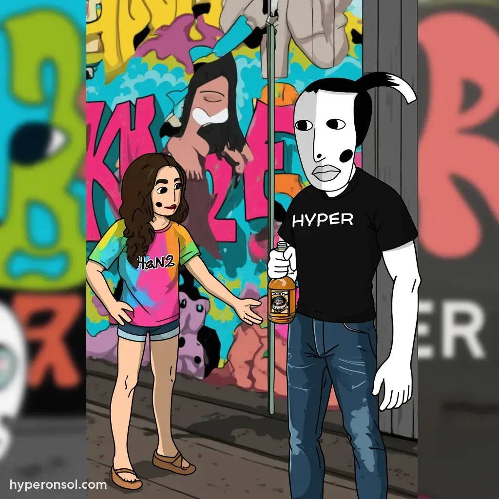 a man with a whisky gifting HYPER to a crazy girl with written "HaN2 in her teeshirt