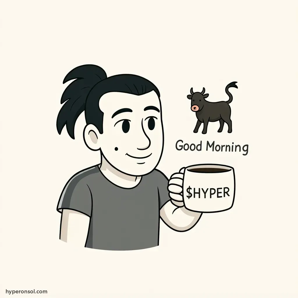A bull holding a coffee mug with $HYPER text saying Good Morning