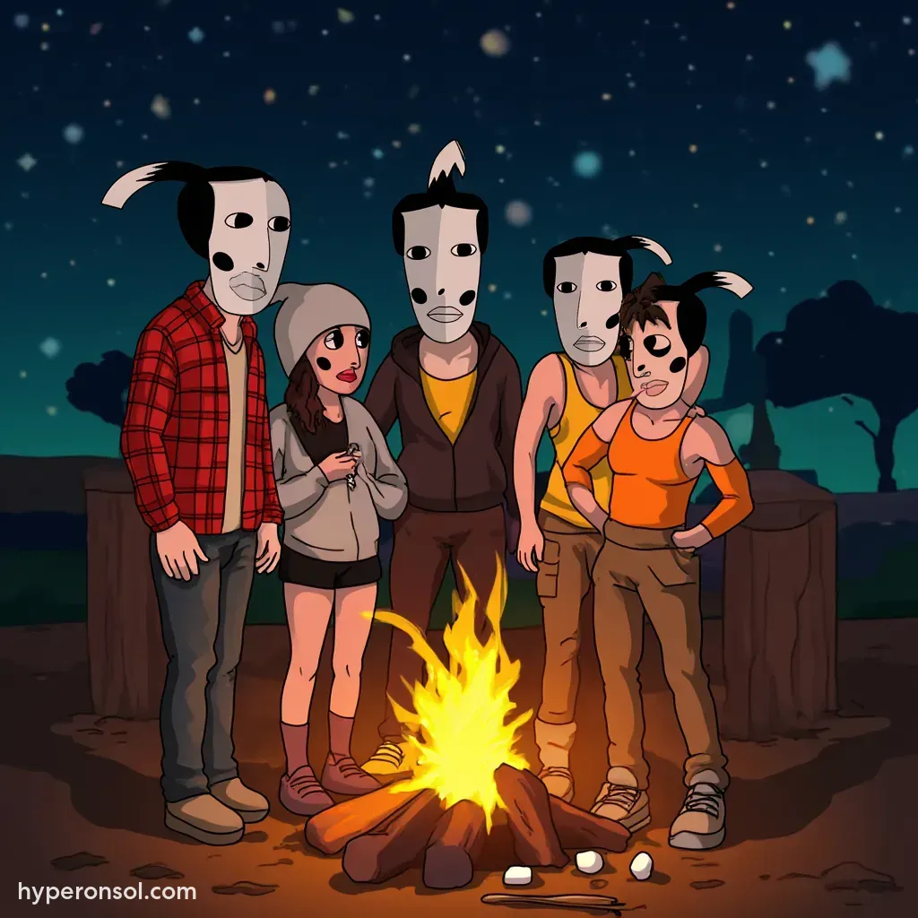 Hyper characters gathered around a campfire at night, sharing stories and laughter under a starlit sky.