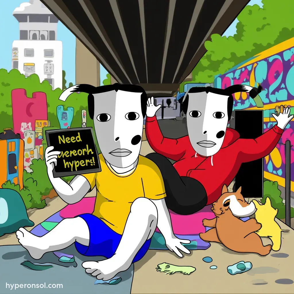 Hyper characters lounging under a bridge, surrounded by playful cat-themed elements, one holding a sign that says Need more hypers! while another shows off their imaginary purrari.