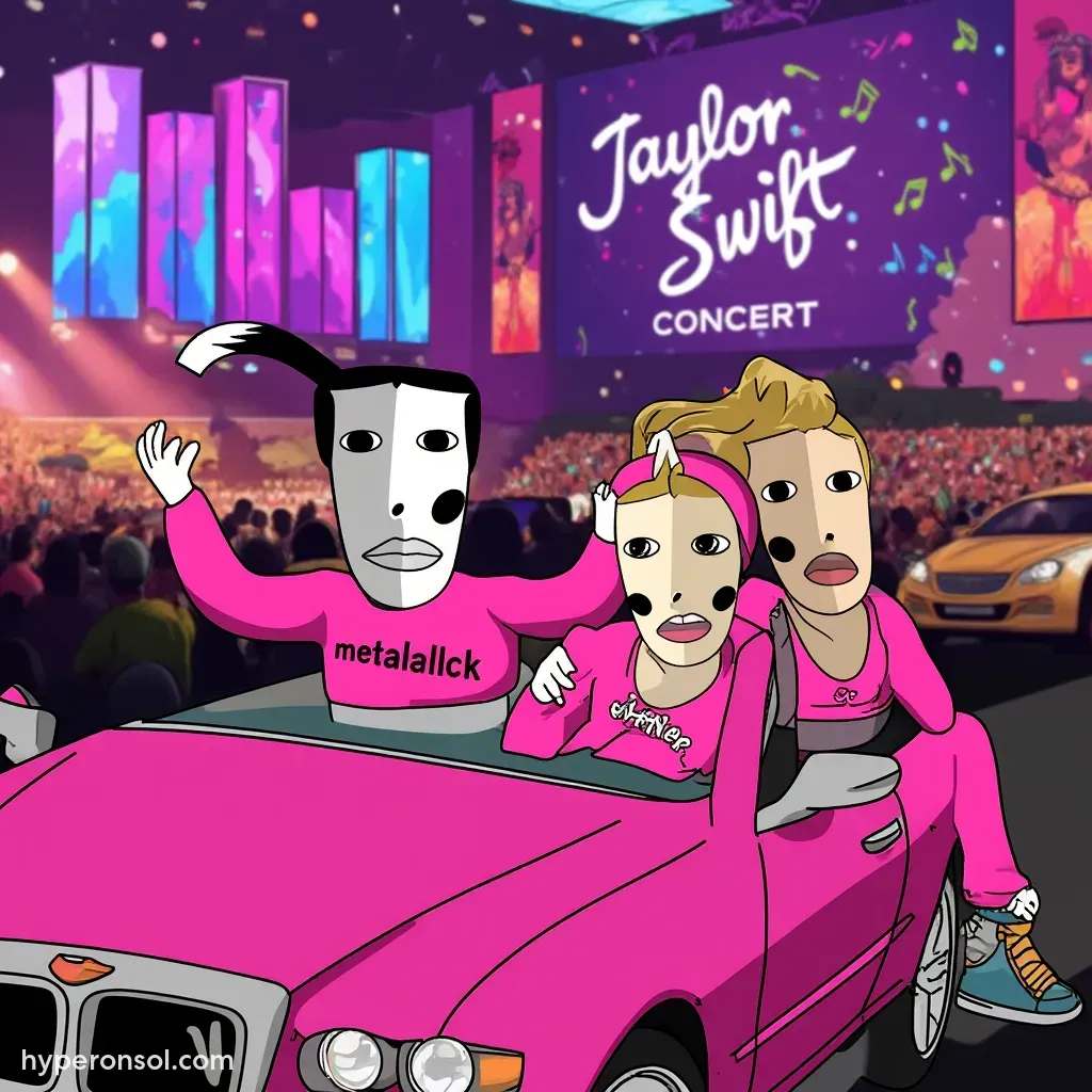2 girly men with pink clothes driving to Taylor Swift concert, write "metablck" And "Han" On clothes