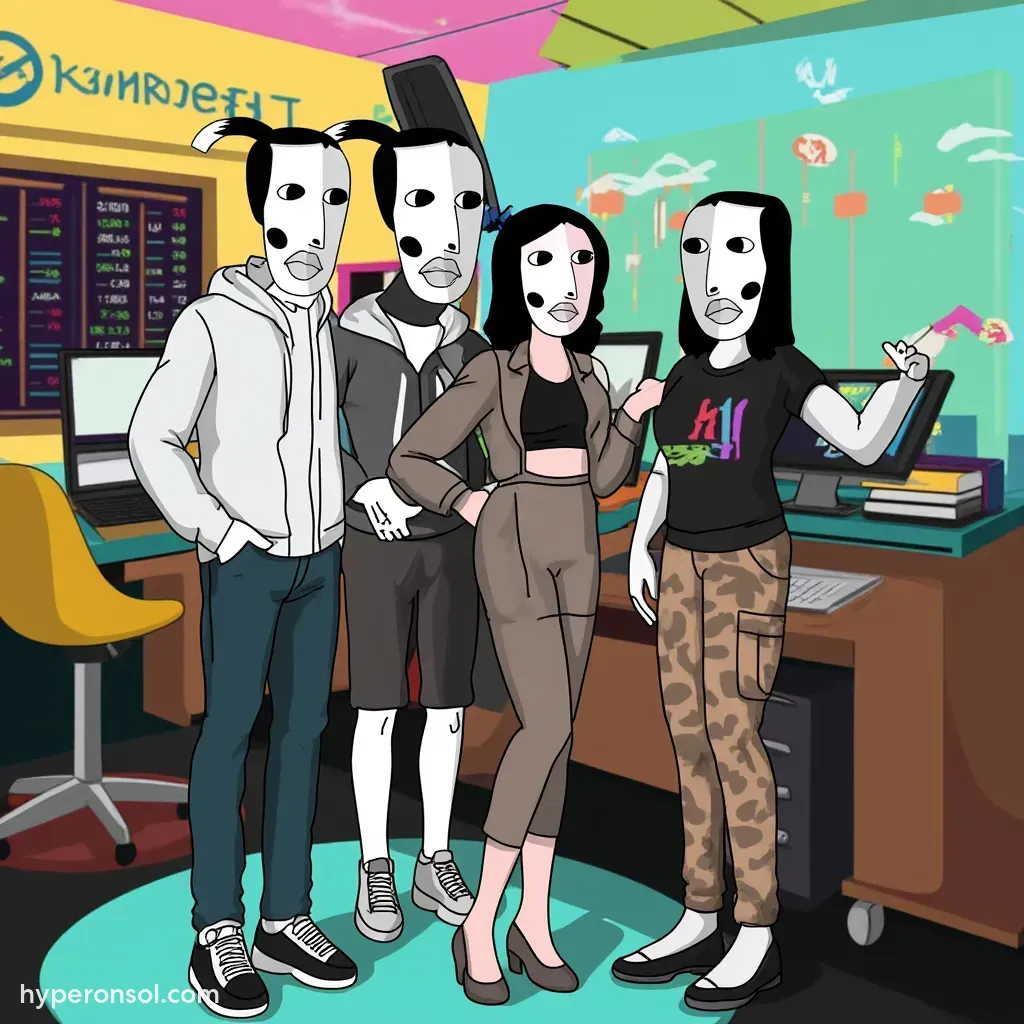 Hyper characters gathered around a digital trading desk, strategizing their next moves with charts and graphs displayed on screens. The atmosphere is lively, filled with excitement and camaraderie.