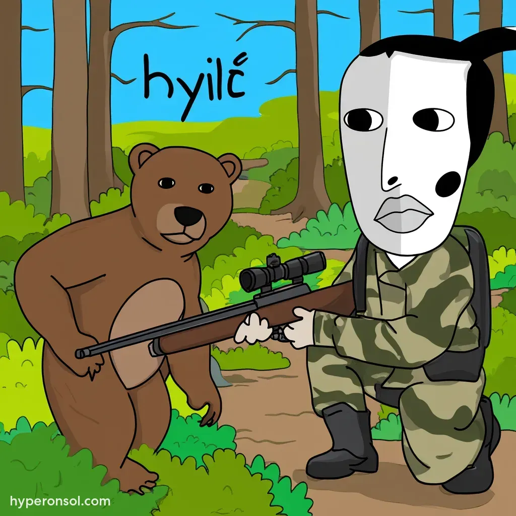 hyper dressed as a hunter holding a riffle and aiming at a bear