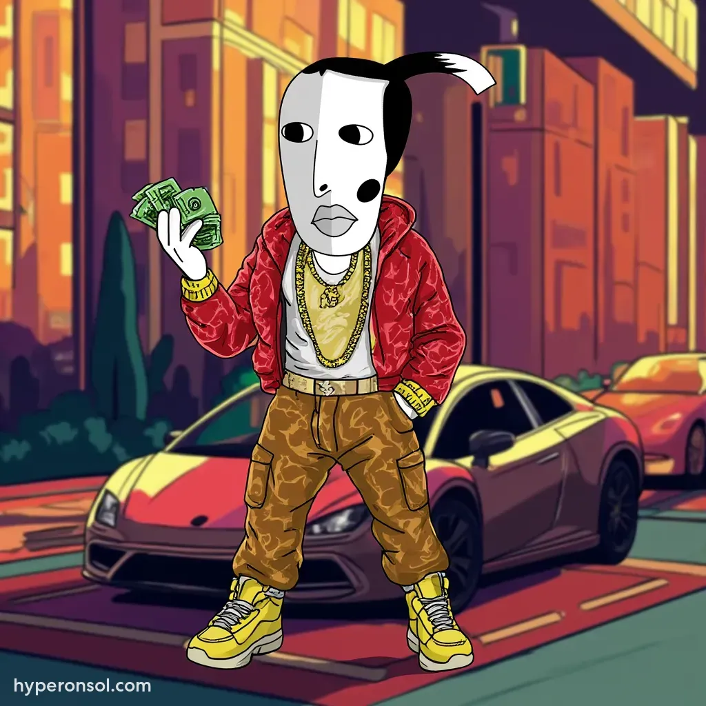 a gangstar style dress with stacks of dollar at hand with a city like that of a grandtheft Lamborghini at his backv