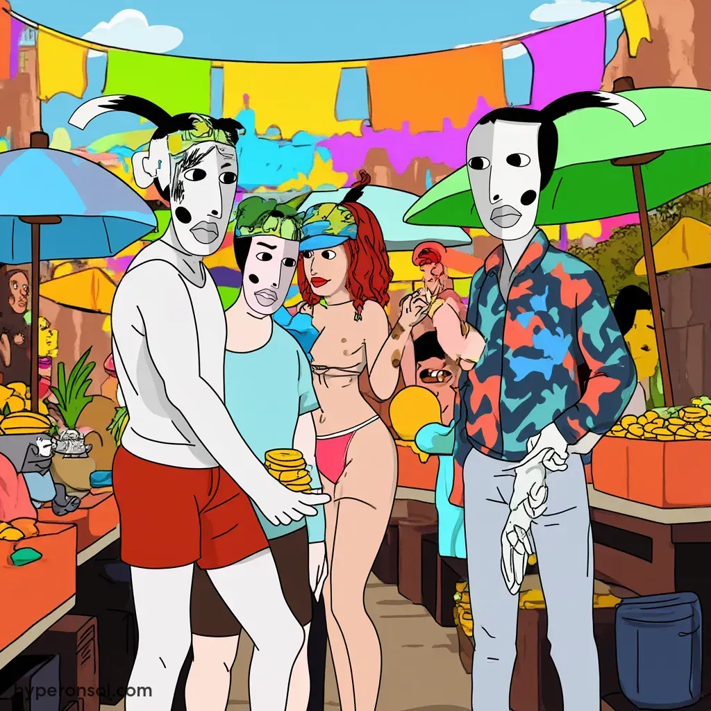 Hyper characters gathered in a vibrant marketplace, playfully negotiating and trading SOL coins under colorful banners.