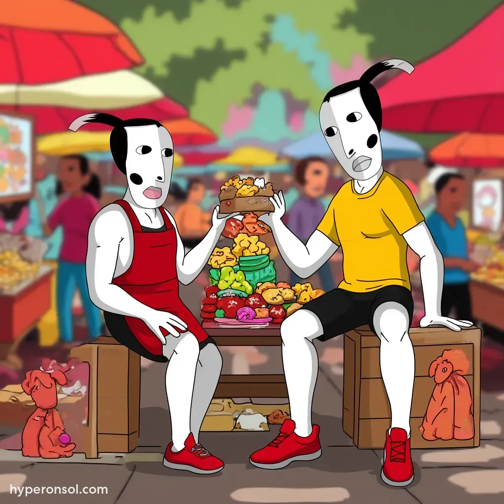 Two Hyper characters sitting at a bustling market stall, eagerly sharing a feast of tokens and snacks while playfully teasing each other about their strategies.