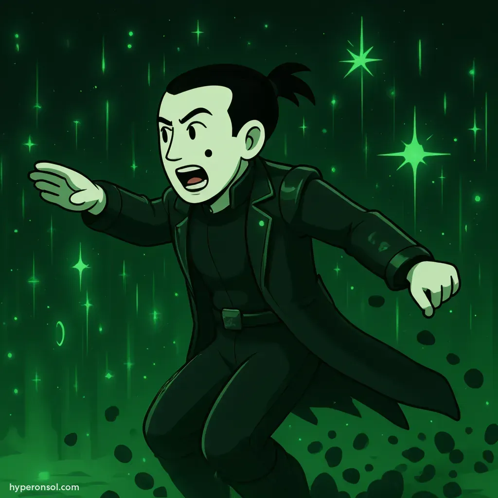 Hyper dressed as Neo from The Matrix, dodging bullets in slow motion, with green code raining down the background, exaggerated action pose