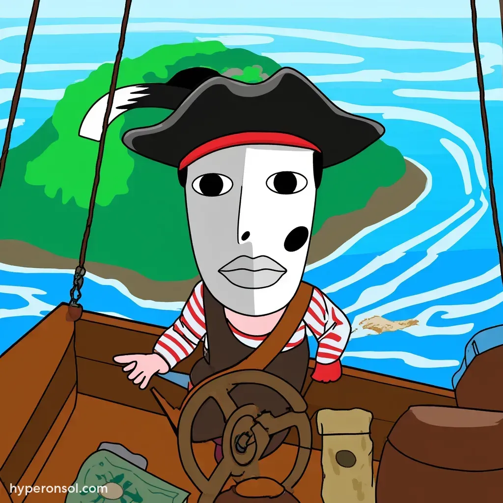 a guy in a pirate dress sailing a pirate ship or boat heading towards a treasure island