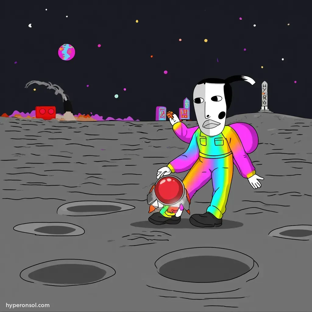 Fartboy with rocket landing on moon and buildings in background