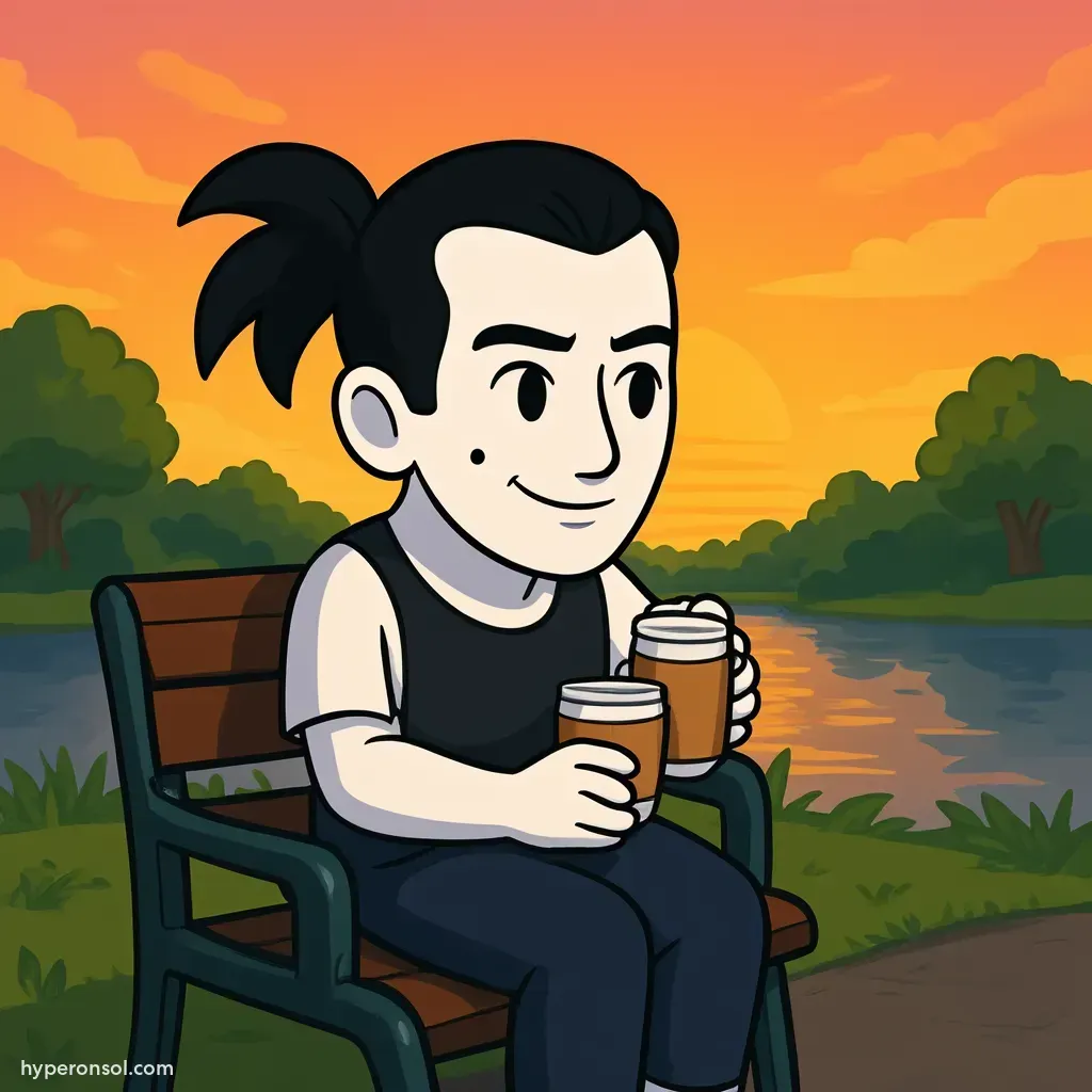 Drinking a cup of coffe on a bench with sunset