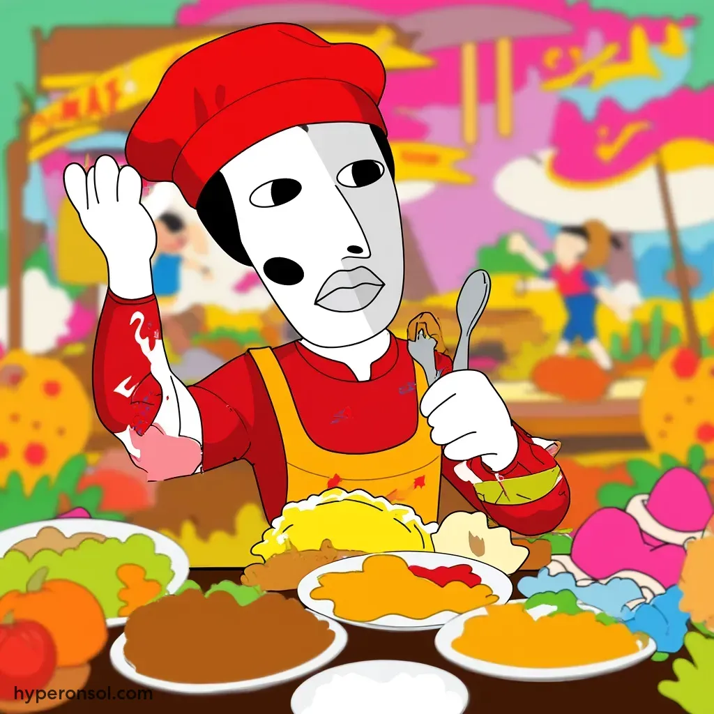 A Hyper character enjoying a buffet of colorful dishes, surrounded by playful food-themed decorations. The setting is lively and filled with bright colors, showcasing a feast that represents strategic choices in the world of memecoins.