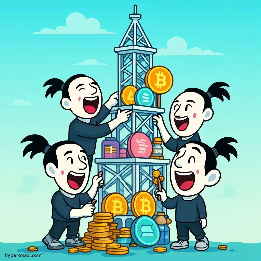 Cartoon HYPER characters building a tower with crypto symbols