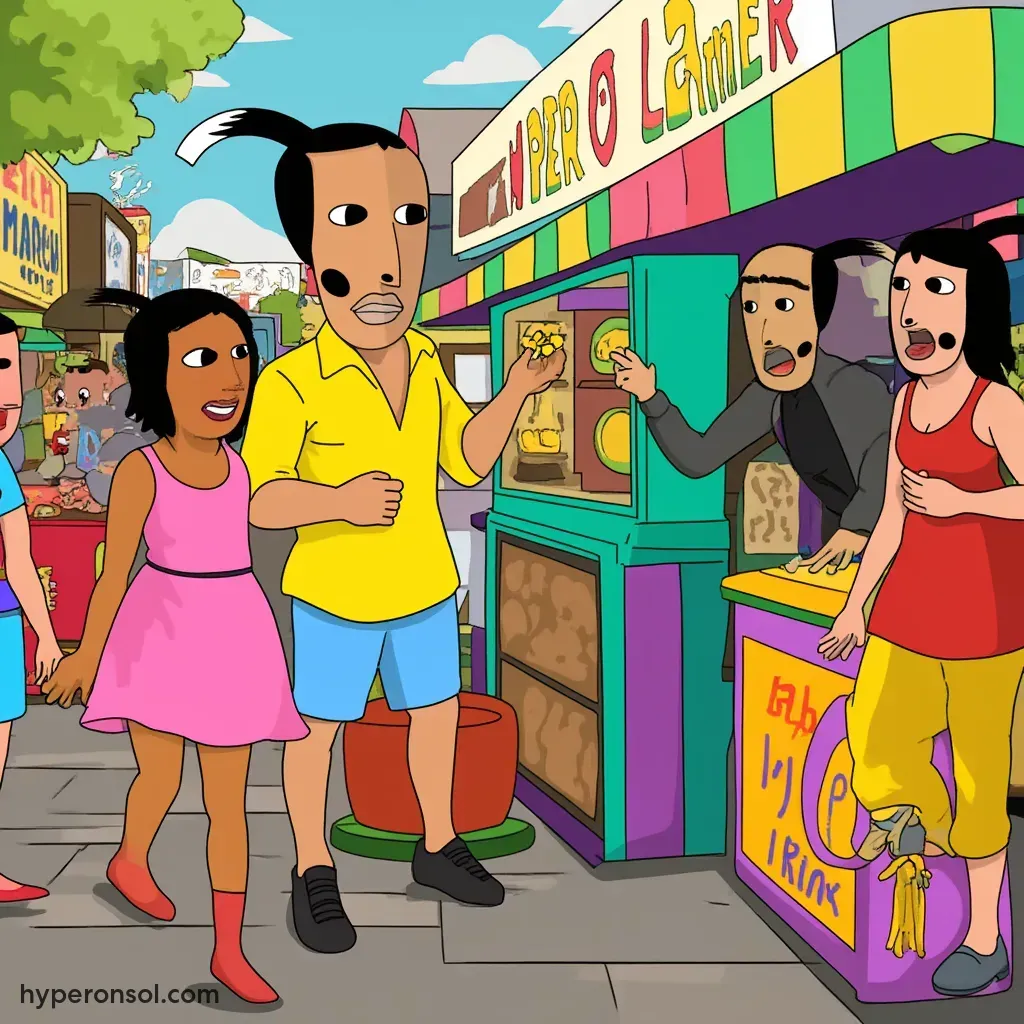 Hyper characters enjoying a lively outdoor market, surrounded by colorful stalls and playful banners. One character is playfully holding a large coin, while another is excitedly pointing at a vendors booth filled with shiny tokens.