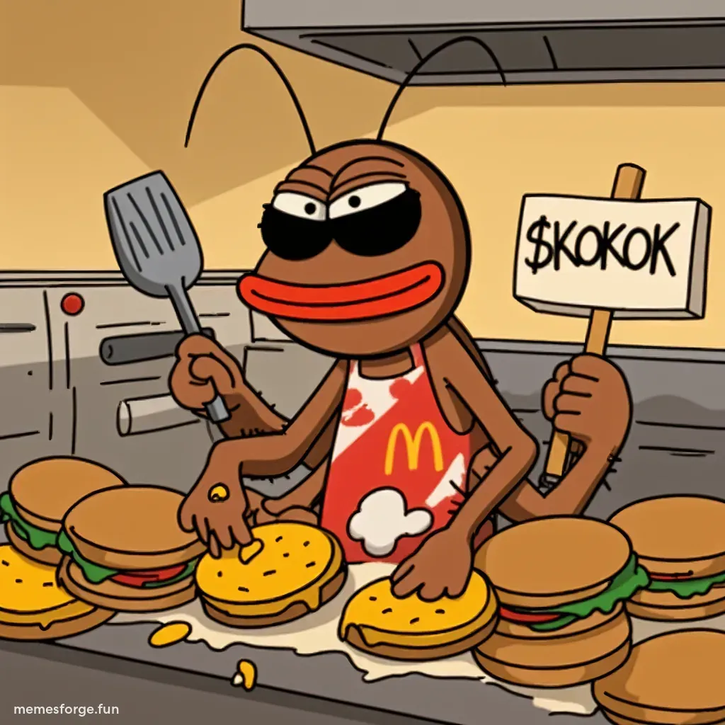 Cartoon cockroach in McDonald's uniform flipping patties with $KOKOK sign