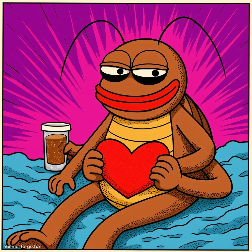 a cartoon KOKOK, reclining on a wavy blue surface, holding a red heart and Coffee Glass , retro pop art style, halftone texture, radiant burst purple-pink background, 1970s comic vibe, bold outlines, vintage humor --v 5 --ar 1:1