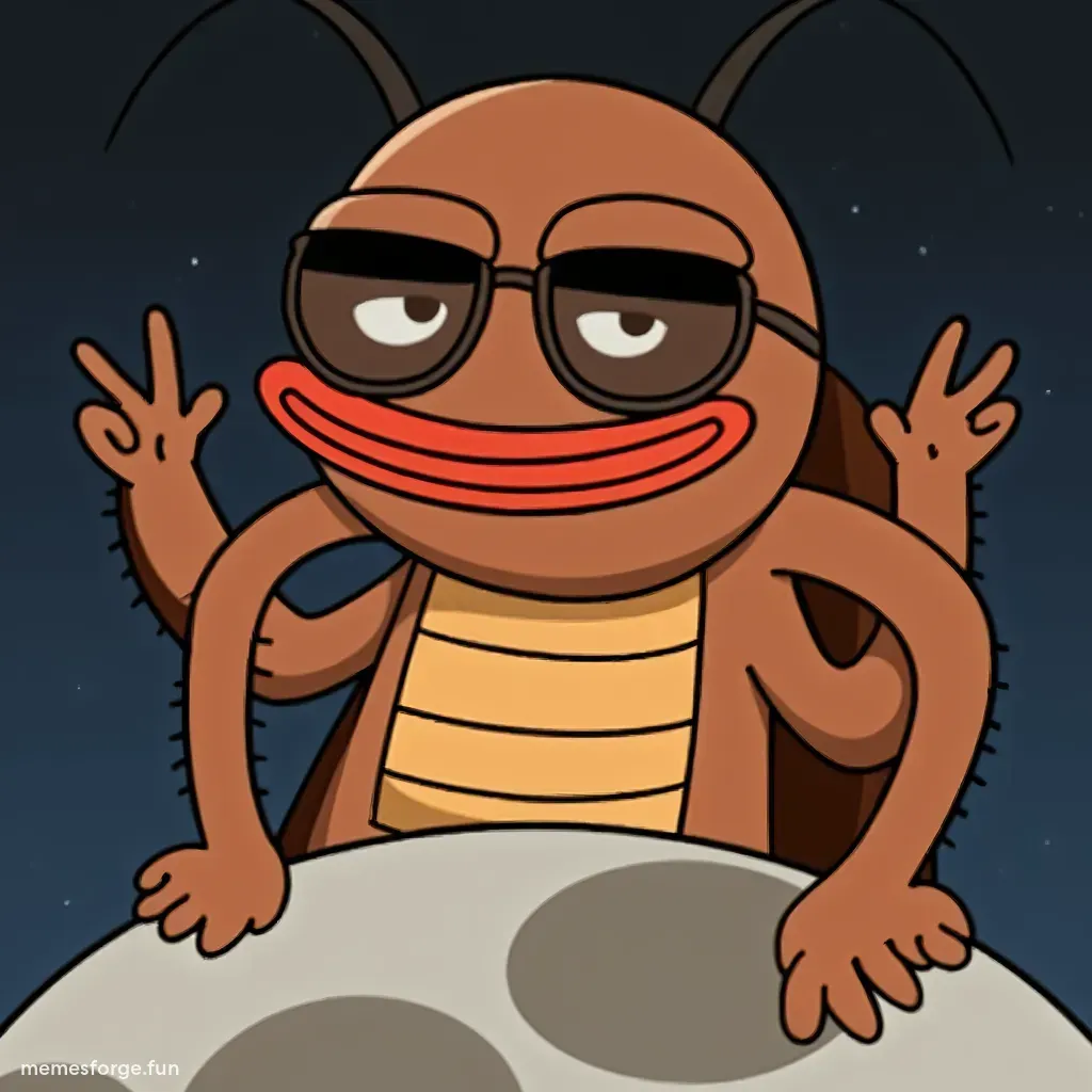 Cartoon cockroach KOKOK on the moon with sunglasses and a peace sign