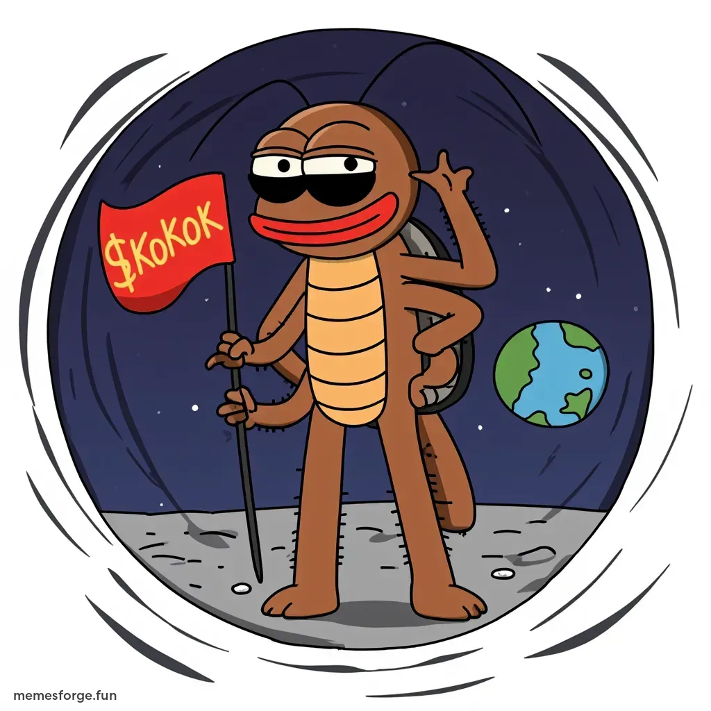A cockroach astronaut standing on the moon holding a flag with $KOKOK logo, space background with Earth in the distance, stars shining, futuristic space suit with glowing details, confident heroic pose, digital art, vibrant colors