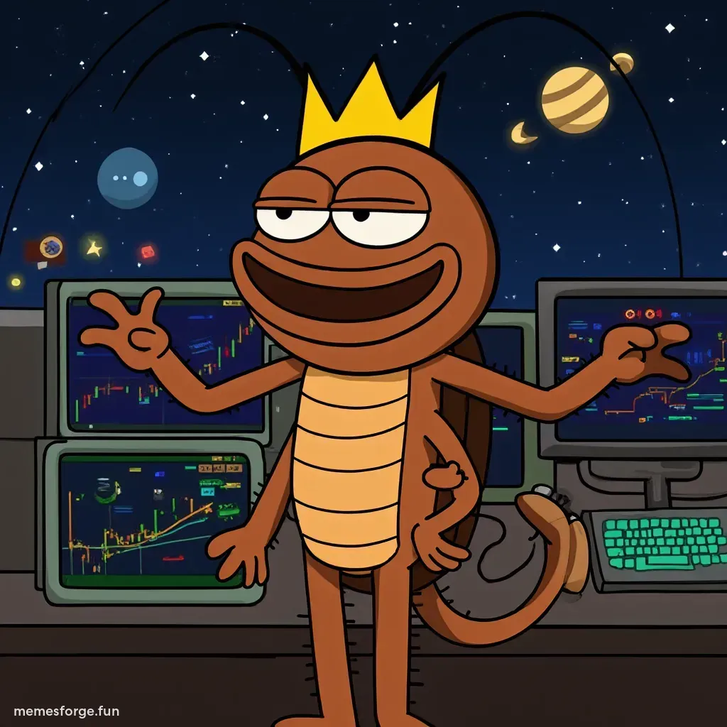 Cartoon roach king with gold crown, facing computer screens in outer space, KOKOK style