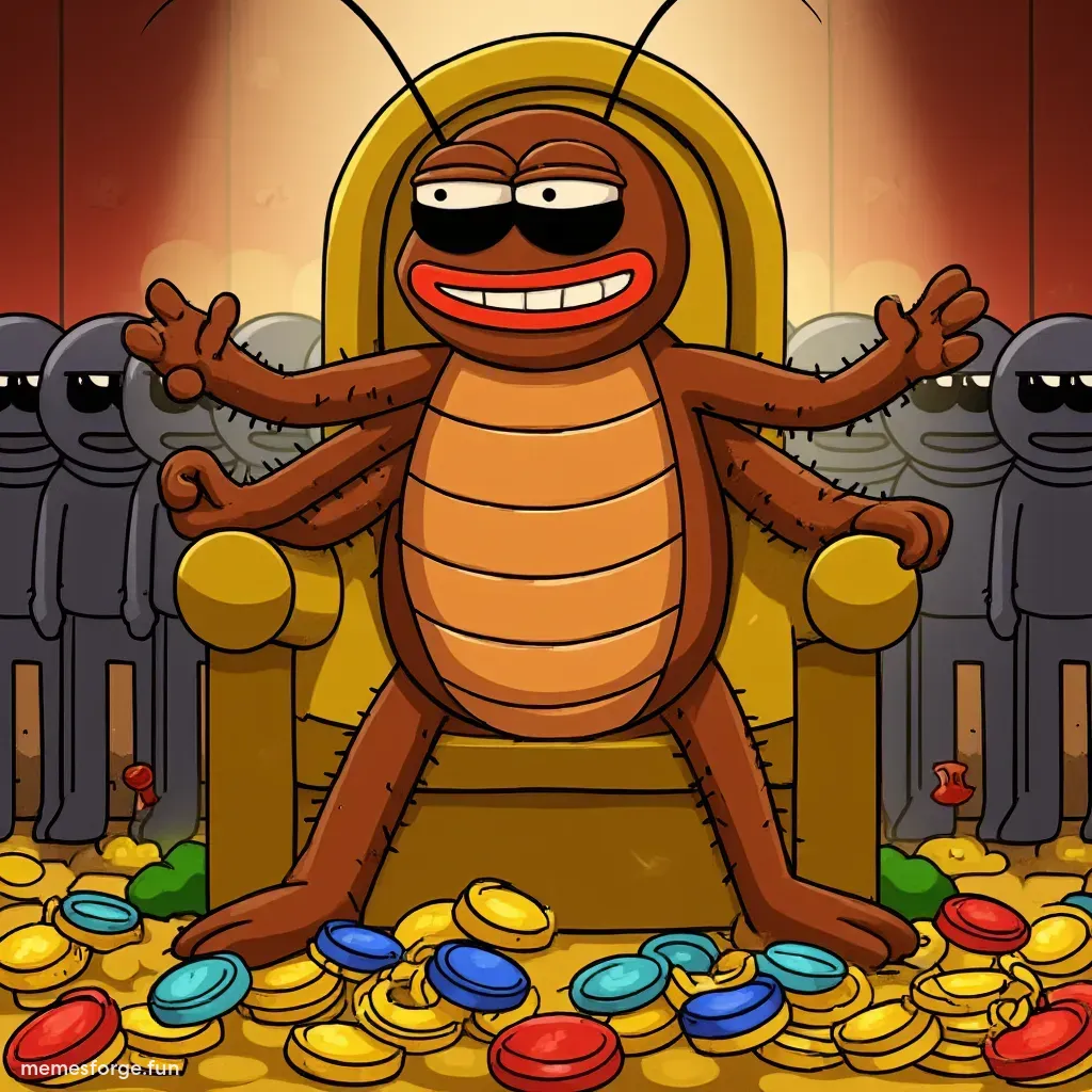 Kokok on the throne, defeating other meme coins in the market shown as fallen soldiers next to the theone.