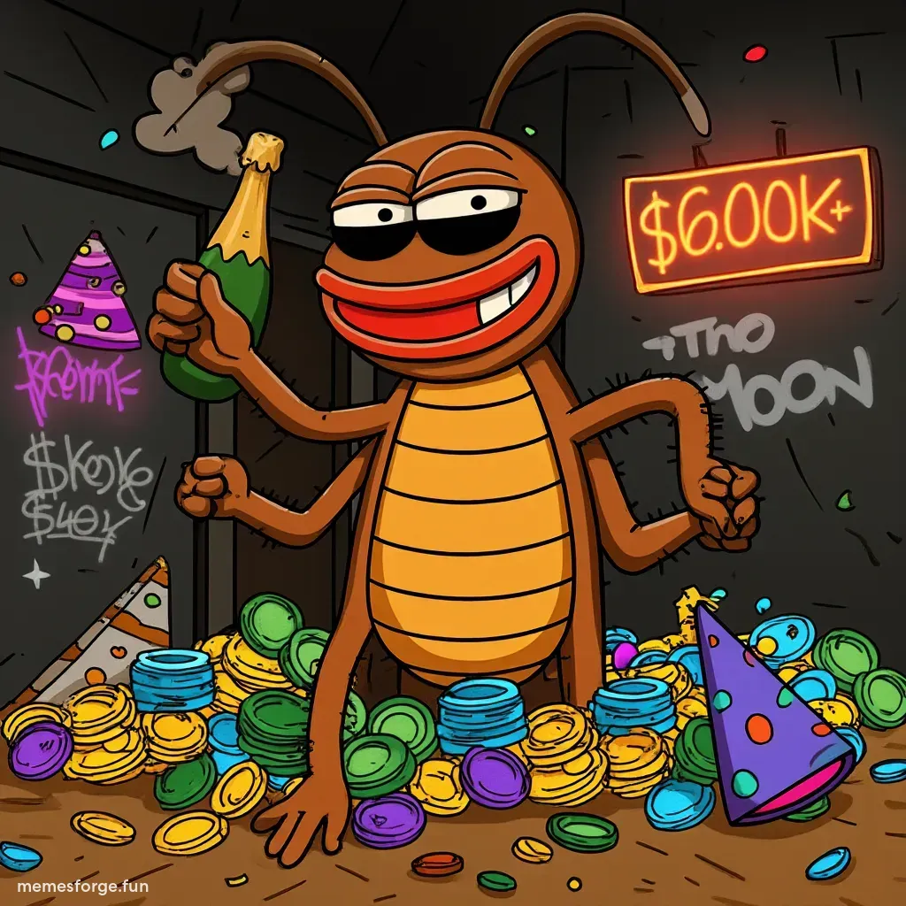 A chaotic party of cockroaches celebrating a crypto milestone, with 6000+ written in glowing neon lights, roaches wearing party hats, dancing on piles of money and meme coins, graffiti that says '$KOKOK to the moon', vibrant colors, trash everywhere, in a cartoon style
