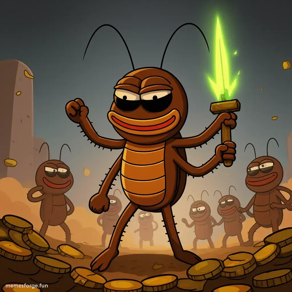 A warrior cockroach wearing armor with the $KOKOK emblem, holding a glowing green sword made of candlestick chart, standing on a battlefield full of broken coins and FUD monsters, dark fantasy style, epic lighting, digital art