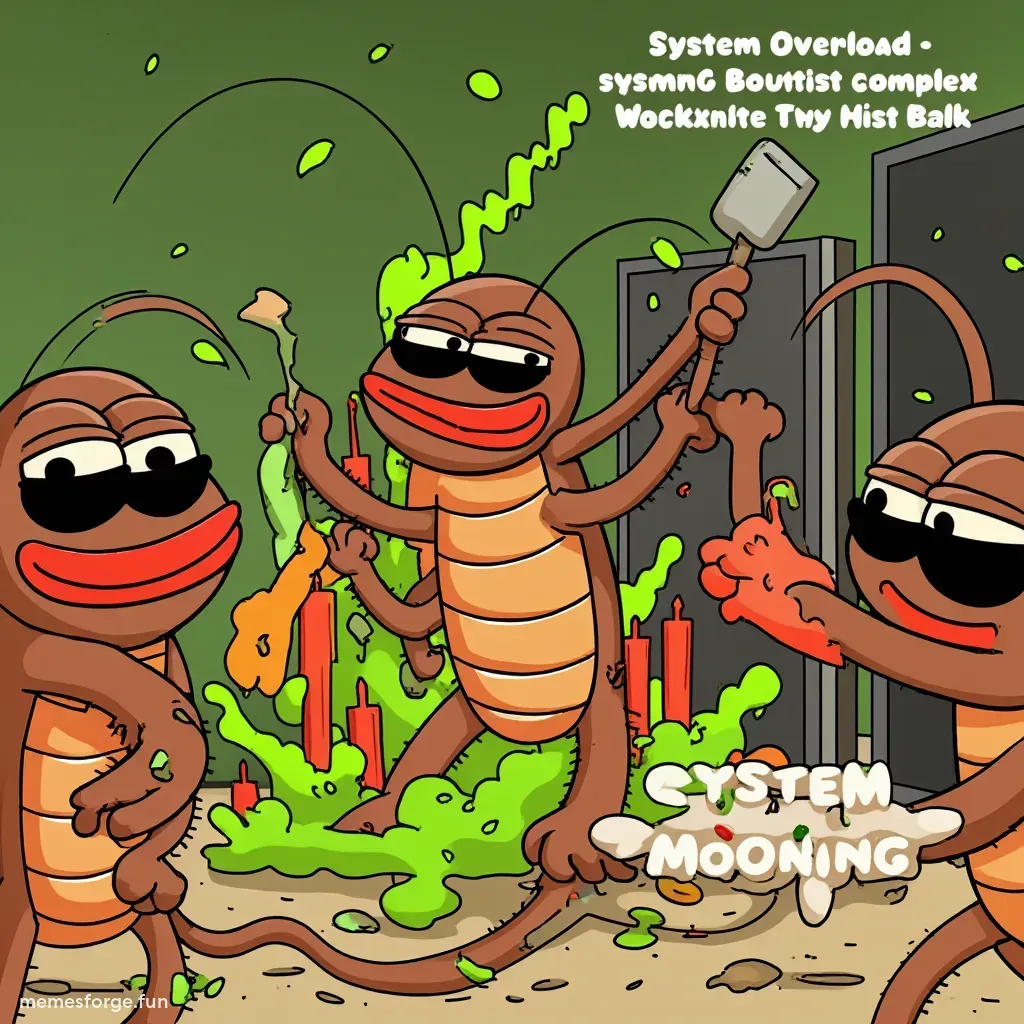 A chaotic trading scene with many cartoon cockroaches invading a candlestick chart. The green and red candlesticks are exploding upward as the cockroaches climb all over the chart. One cockroach is wearing sunglasses and pulling a server plug, causing a system overload. Add humorous energy and crypto meme style. Include text in the image: "System Overload – KOKOK is Mooning!"