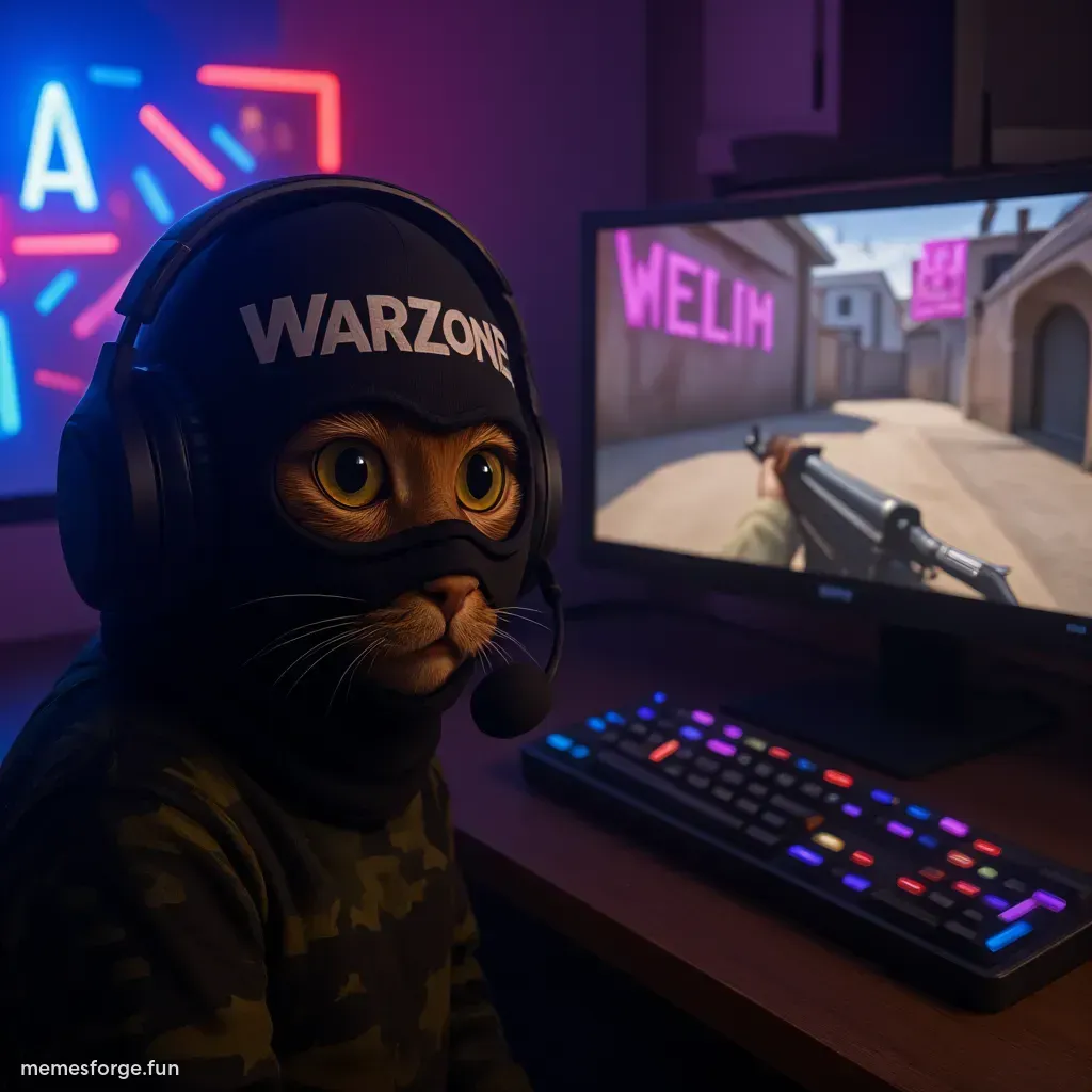Masked cat playing call of duty warzone
