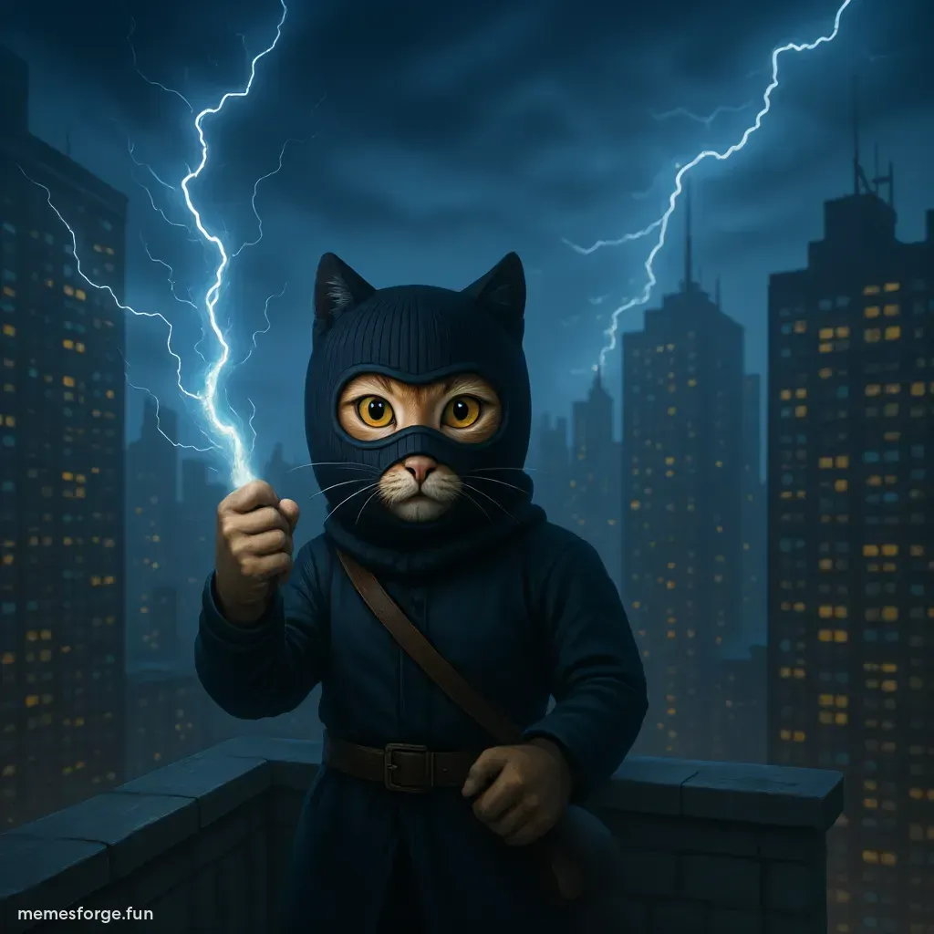 muscular black tiger kung fu fighter wearing black mask and holding a lightning bolt that fell from the sky