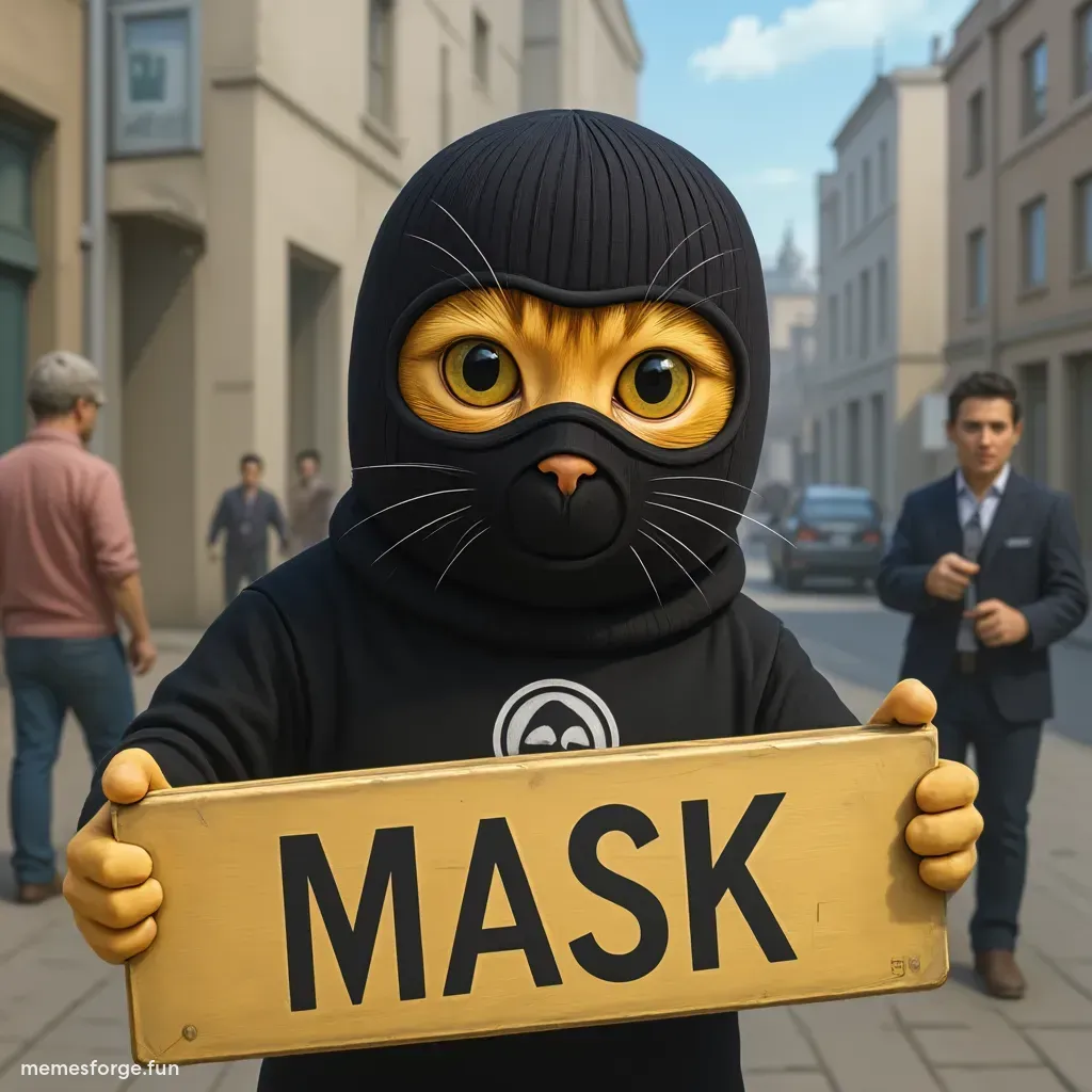 Orange tabby cat in black mask holding a sign that says "$MASK is the best community"