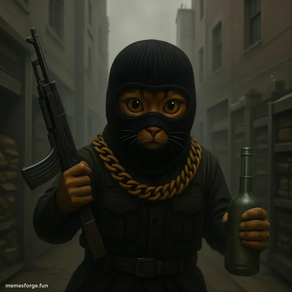 Anthropomorphic cat in CSGO style with balaclava mask and outfit