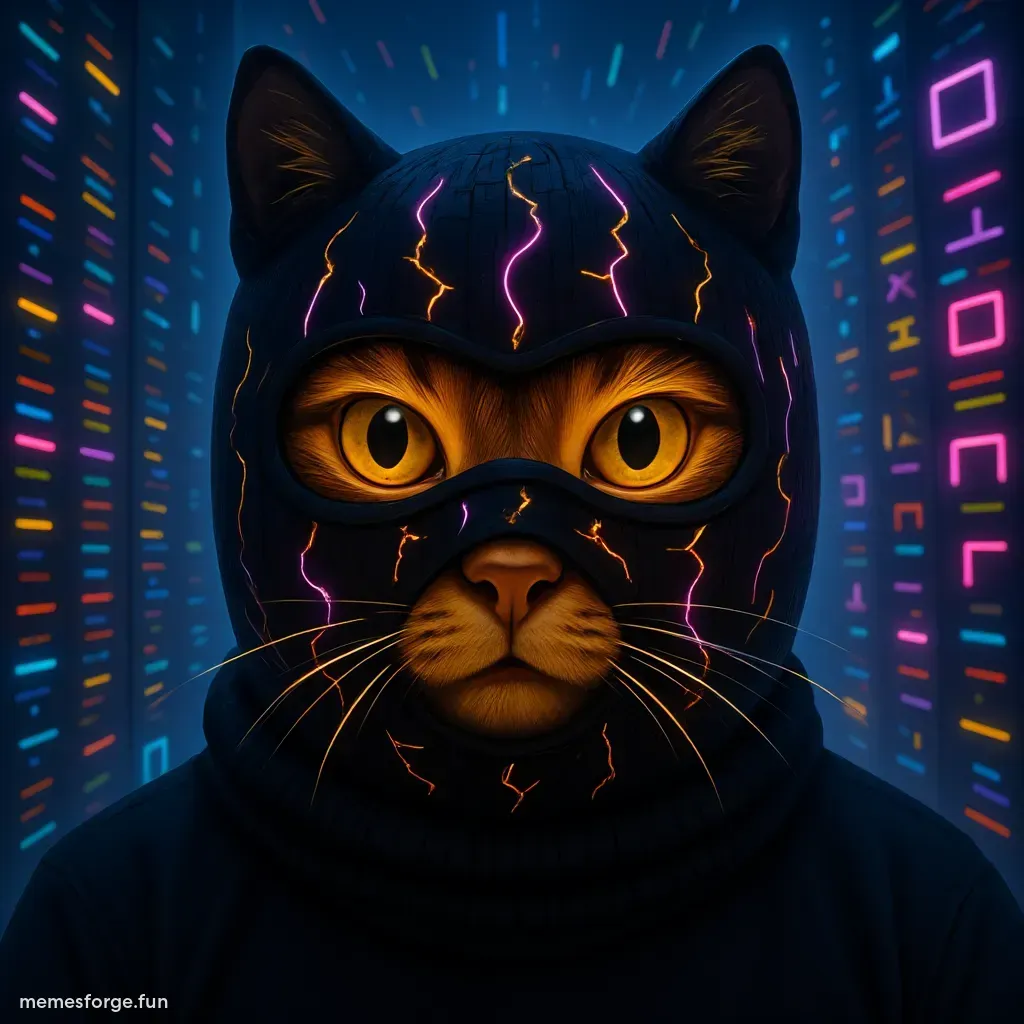 A sinister masked figure emerging from digital static. The mask is sharp, asymmetrical, cracked but glowing — a fusion of ancient ritual and cyberpunk madness. Eyes burn with manic intensity. Background flickers with glitchy symbols, broken code, and fragments of Valhalla. Vibe: unhinged genius, beautifully deranged, $MASK-wired schizo energy. Make it bold, dark, and unforgettable.