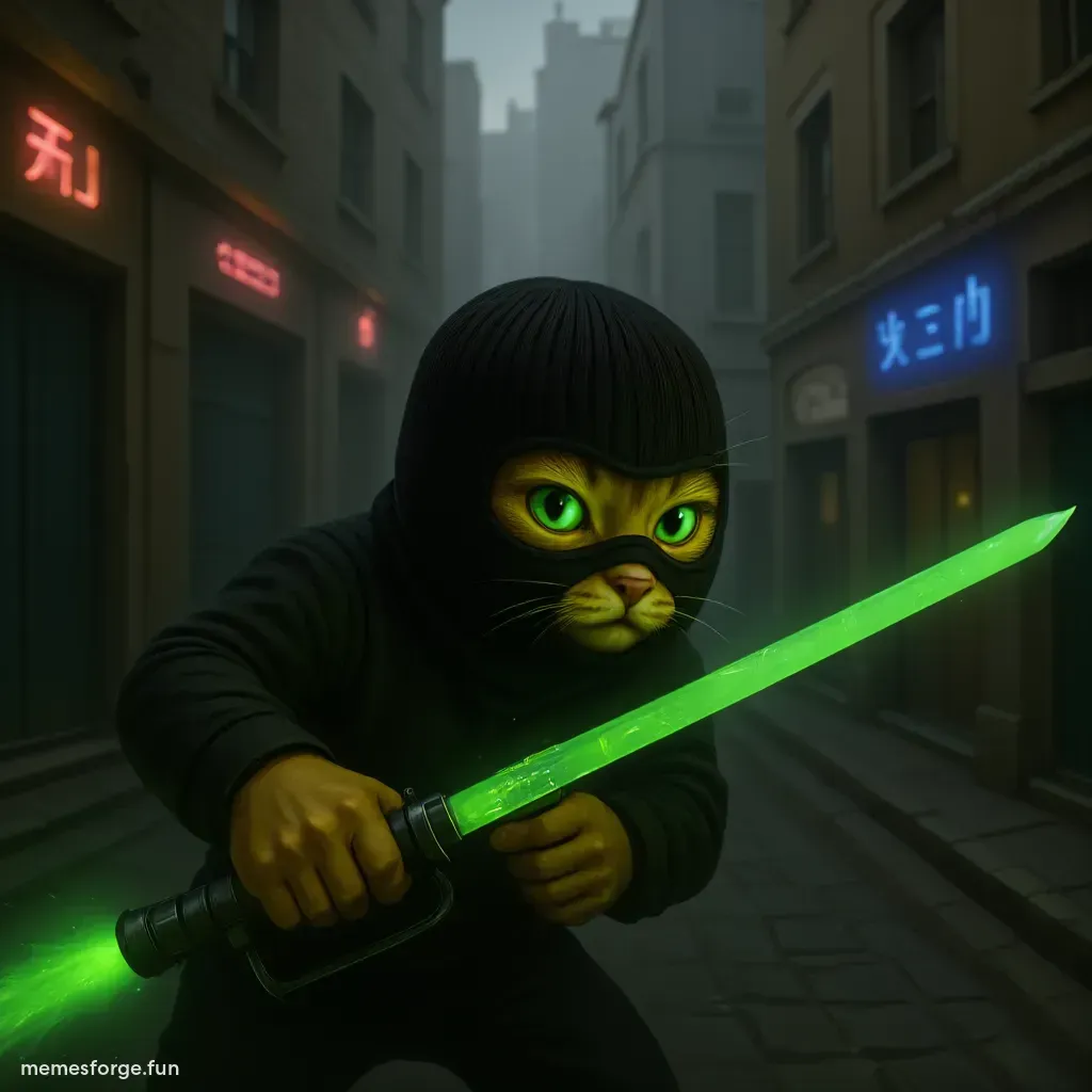 two cats fighting against. one with green long laser sword and second with red long laser sword
