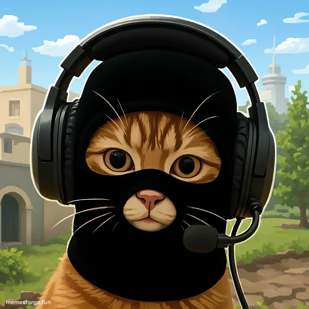 Pixelated orange tabby cat wearing a black balaclava and headset, 8-bit art style with $mask text