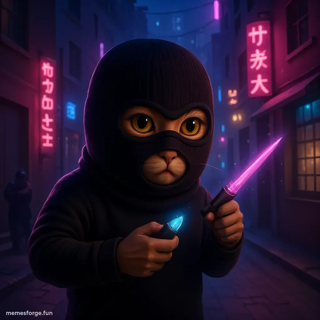 quokka sippin lean black outfit and neon purple lights background trading memes coins.