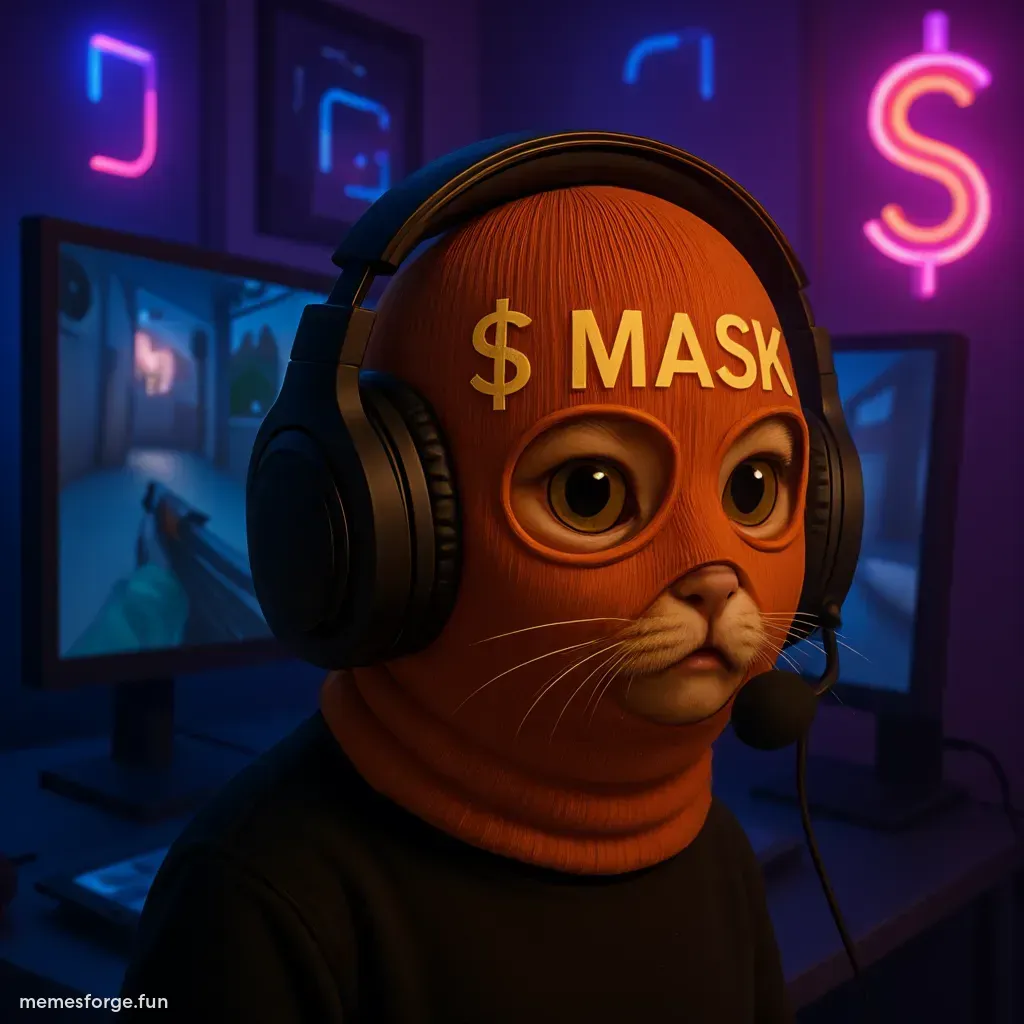 Orange tabby cat wearing a mask and headset with $MASK text, looking excited