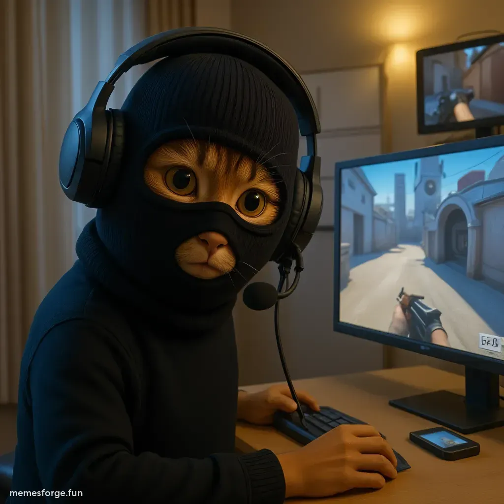 Orange cat wearing a black balaclava and gaming headset in front of a computer